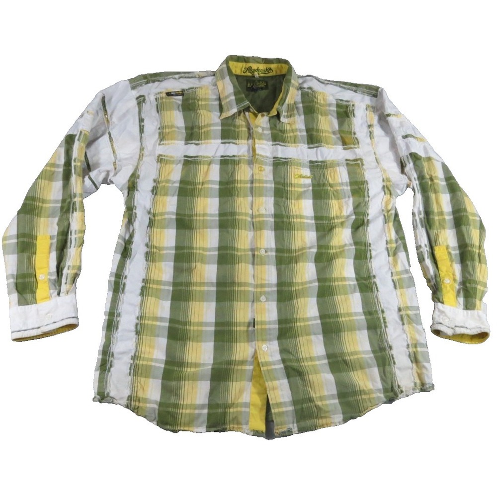 Akademiks VTG Y2K Plaid Shirt Men XL Long Sleeve Green Yellow Streetwear Button